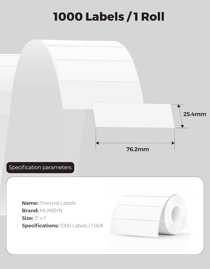 MUNBYN 3x1 Thermal Labels, 1000 Sheets/1 Roll, White | Strong Adhesive & Perforated, Non BPA&BPS for Organization, Barcode, Shipping, Inventory