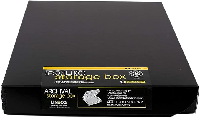 Lineco Clamshell Archival Storage Box, 11.5x17.5x1.75 Inch, Black | Acid-Free with Metal Edge Boxboard, Organize and Store Photos Documents Cards Negatives Magazine Prints Family Records DIY