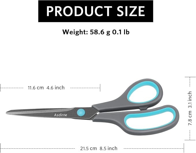 Asdirne Teflon Coating Scissors, Stainless Steel Blades, Soft Grip Handle, Suitable for Households,Offices and Schools, All Purpose, Blue/Grey, 21.5 cm
