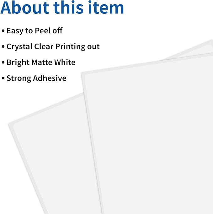 Full Sheet Labels 8.5” x 11” Sticker Paper Matte White, Large Shipping Label Paper for Inkjet Laser Printer, 100 Counts