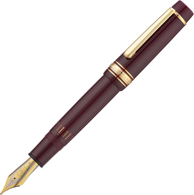 Wikult Yongsheng Junlai 930 Acrylic Fountain Pen, Size 9 Fine Nib with Piston Filling System, Wine Red Fence Ink Tank with Flat Top Design Smooth Writing Pen (Gold Trim)