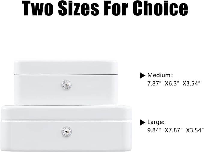 KYODOLED Medium Cash Box with Money Tray,Small Safe Lock Box with Key,Cash Drawer,7.87"x 6.30"x 3.54" White Medium
