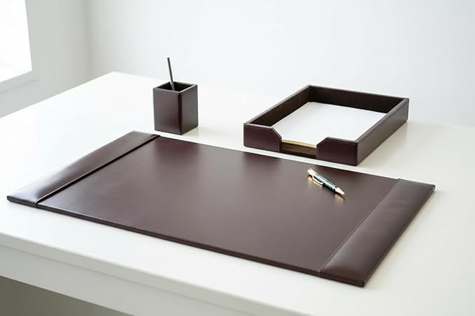 Dacasso Brown Bonded Leather Luxury 3 Piece Desk Set - Blotter Pad & Desk Organization Essentials - Executive Decor and Surface Protector