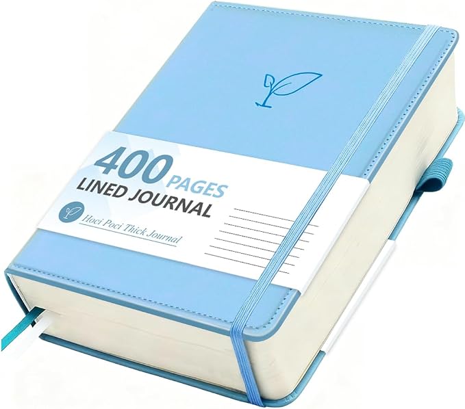 Hoci Poci 400 Pages Lined Journal Notebook, 5.8" x 8.4", Light Blue | Thick Journal for Writing, A5 Hardcover Leather Notebook with 100Gsm College Ruled Paper for Women Men Work Note taking