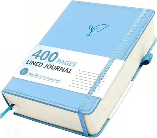 Hoci Poci 400 Pages Lined Journal Notebook, 5.8" x 8.4", Light Blue | Thick Journal for Writing, A5 Hardcover Leather Notebook with 100Gsm College Ruled Paper for Women Men Work Note taking