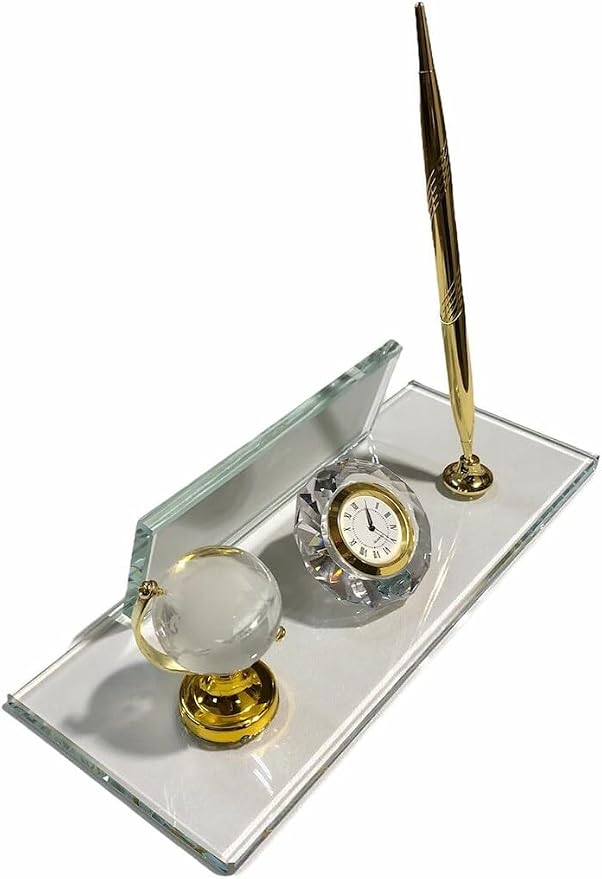 MOOGCO Custom Desk Name Plate : Black Glass Desk Name Plate with Clock, Pen Holder with 2 Pens, Cardholder - Desktop Nameplate, Desk Organizer (Glass With Globe)
