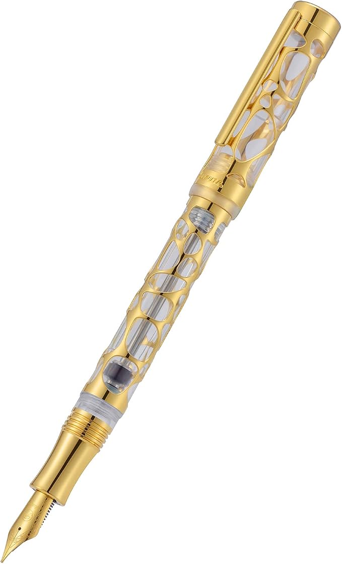 Asvine V169 Vacuum Filling Fountain Pen Fine Nib, Water Drop Skeleton Gold Trim Transparent Clear Acrylic Pen Case Set