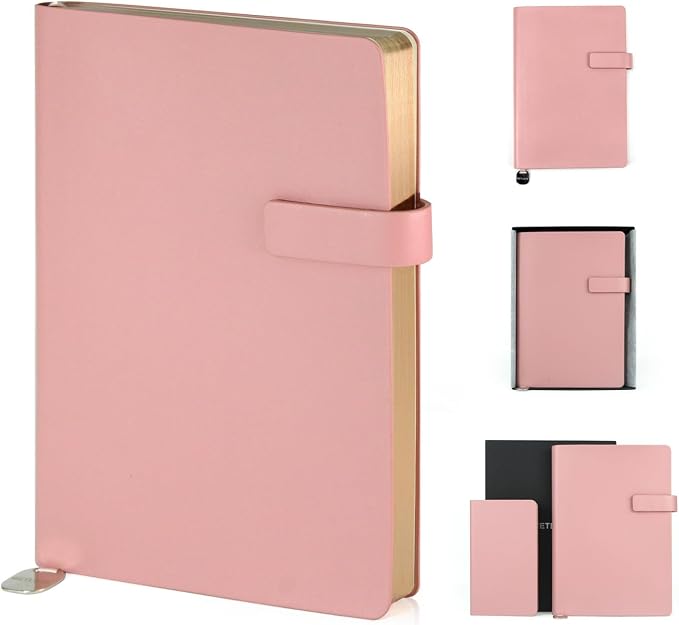A5 Soft Cover Lined Notebook, Pen Holder & Gold Edges, 180° Lay Flat Journal, Large 5.7 x 8.4 in, Bookmark & Gift Box, Business Notebook for Work, Study, Travel(Pink)