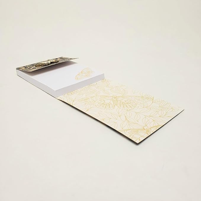 Punch Studio Flip-Top Notepad For Daily Notes or Notes on-the-go, with Magnetic Closure, Brooch Embellishment, Gold-Foil Accents & 75 Illustrated Sheets, 5" x 3.75" - Black Butterflies (50441)