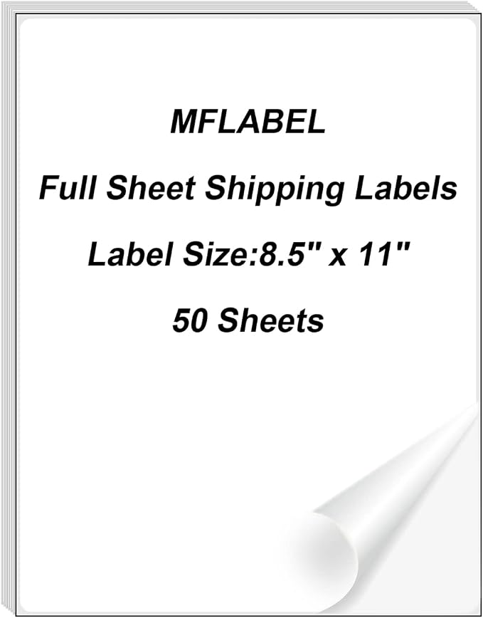 MFLABEL Full Sheet Sticker Paper - 50 Sheets 8.5" x 11" White Matte Printable Vinyl for Inkjet & Laser Printers | Permanent Adhesive for Shipping Labels, Address Labels, DIY Crafts & Packaging