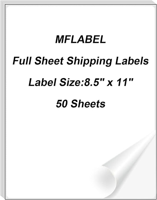 MFLABEL Full Sheet Sticker Paper - 50 Sheets 8.5" x 11" White Matte Printable Vinyl for Inkjet & Laser Printers | Permanent Adhesive for Shipping Labels, Address Labels, DIY Crafts & Packaging