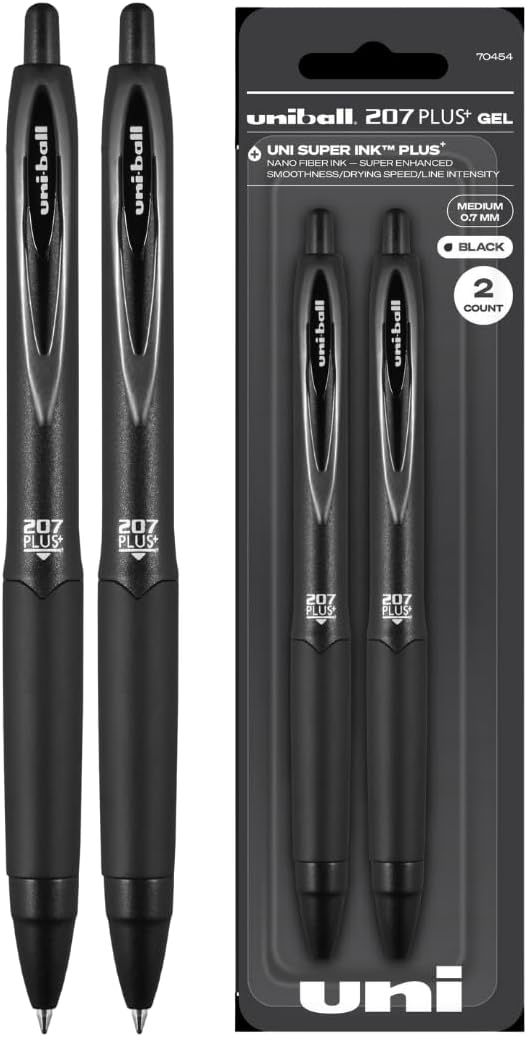 uniball™ 207 Plus+ Gel Pens, Black Ink, 0.7mm Medium Point, 2 Count | Retractable, Faster-Drying, Smooth Writing, Smear-Resistant, uni Super Ink™ Plus+