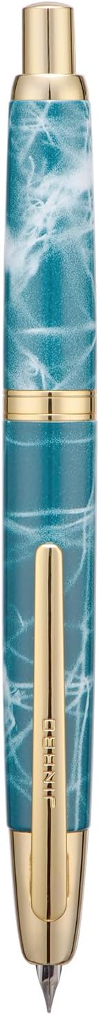 Jinhao 10 Press Fountain Pen with Box, Marble Blue Retractable Medium Nib with Ink Converter Set (Golden Clip)