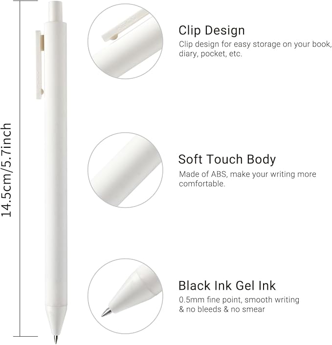 Kaco PURE White Gel Pens 0.7mm Fine Point Black Ink 10 Count, Quick Dry Smooth Writing, Aesthetic Office Supplies Refillable Retractable Low Center of Gravity