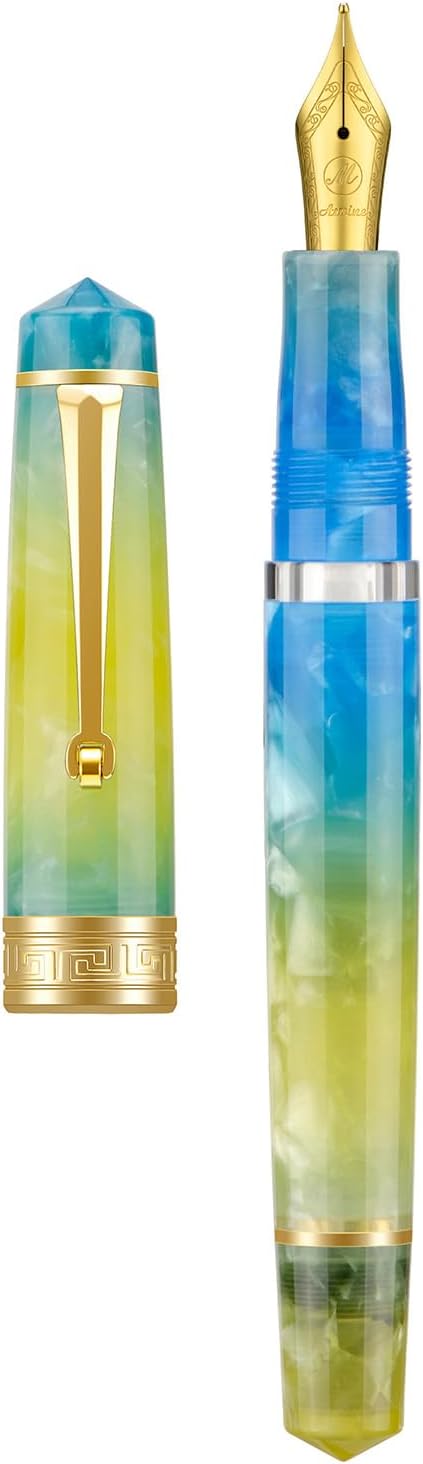 Asvine P20 Piston Fountain Pen Gradual Yellow Resin, Iridium Extra Fine Nib Gold Trim Smooth Writer Collection with Case Set