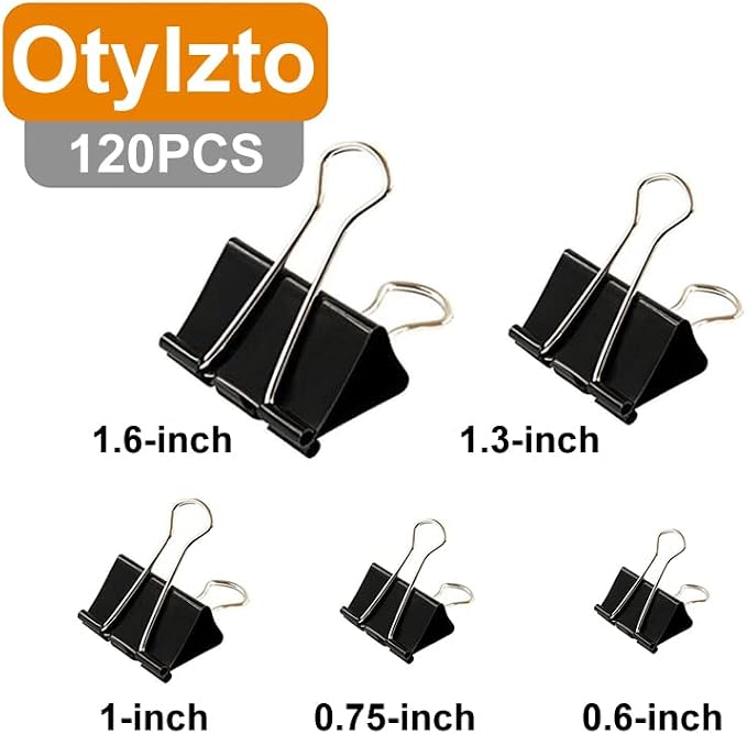 Otylzto 120Pcs Binder Clips Assorted Size, Office Clips with Clear Storage Container, Bulldog Clips, Paper Clips, Office Supplies