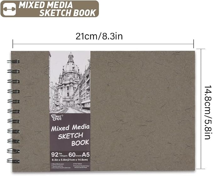 5.8" x 8.3" Mixed Media Sketch Book,Spiral Bound Hardcover Sketchbook,60 Sheets 92lb/150gsm Neutral White Acid Free Paper,Art Journal Sketchbook for Drawing Writing Sketching Illustration,Dark Grey