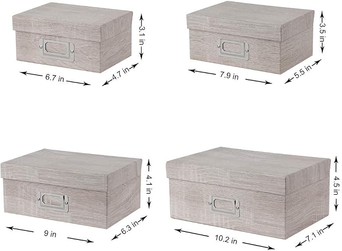 Briful Photo Boxes with Lids - 4 in 1 Set Waterproof Storage Boxes with Handles - Decorative Multiple Size Storage Bins for Clothes/Shoes/Office/Cosmetic/Books