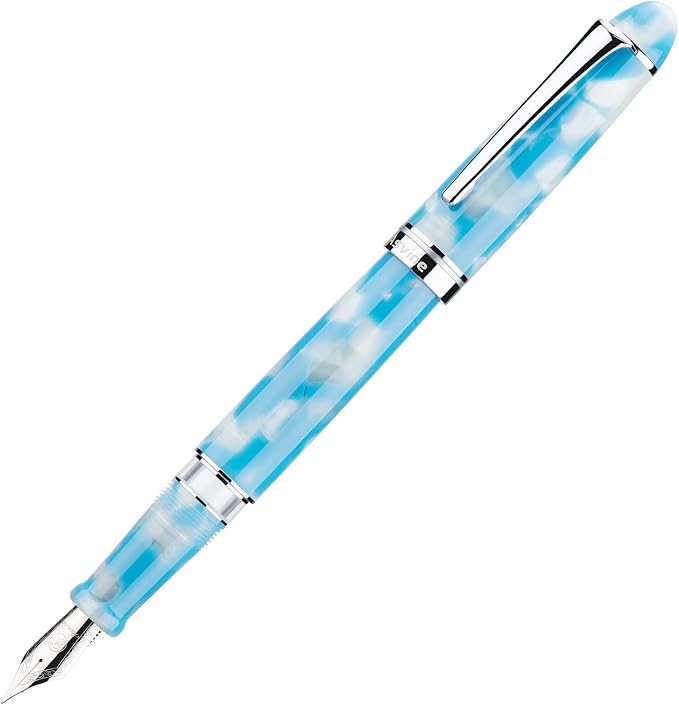 Asvine P50 Piston Fountain Pen Sky Blue Resin, Medium Nib Silver Trim Smooth Writer Collection with Pen Case Gift Set