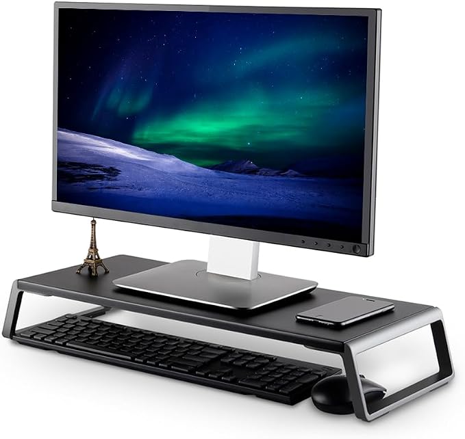 Wooden Steel Monitor Stand Riser With Storage Space Supports 22lb For Laptop Computer And 27 Inch iMac With Aluminum Legs (Black)