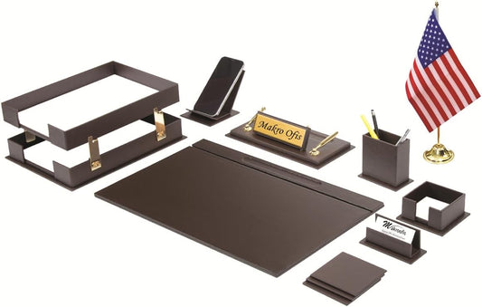 Galaxy Bonded Leather Executive Desk Set – 12-Piece Luxury Desk Organizer with Desk Pads, Double Document Rack, Name Plate, Pens & Office Accessories