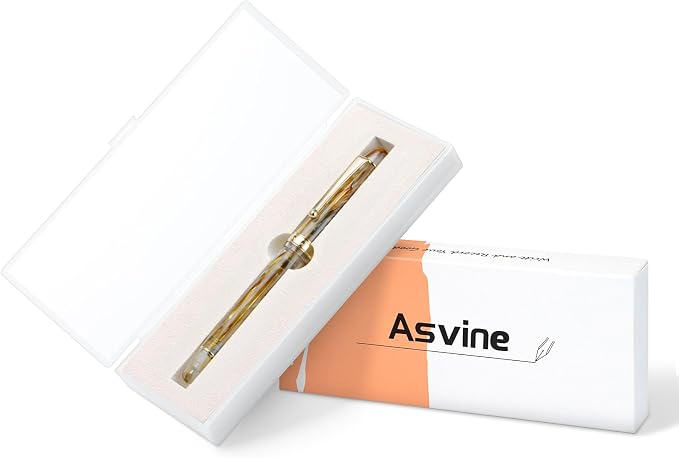 Asvine V126 Vacuum Filling Fountain Pen Brown Swirl Transparent Acrylic, Medium Nib Large-Capacity with Gift Case