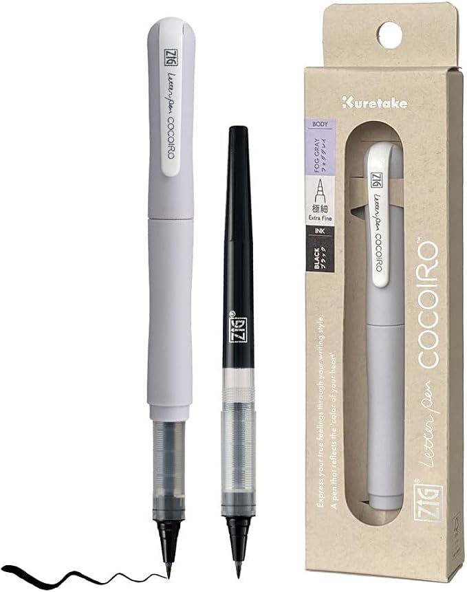 Kuretake ZIG Letter Pen COCOIRO, Body with Black Ink Refill Set, Flexible Extra Fine Brush Tip, Refillable marking Pen for Calligraphy, Hand Lettering, Made in Japan (FOG GRAY, Black)
