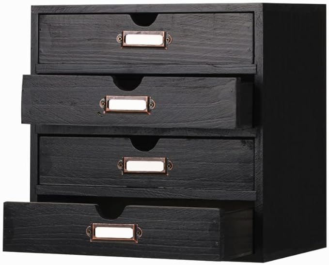 Small Wooden Drawers Wooden Box with Drawer Black | 4 Drawer Storage Box for Apothecary Cabinet, Apothecary Drawers，Desktop Organizer with Metal Handles for Office，Home