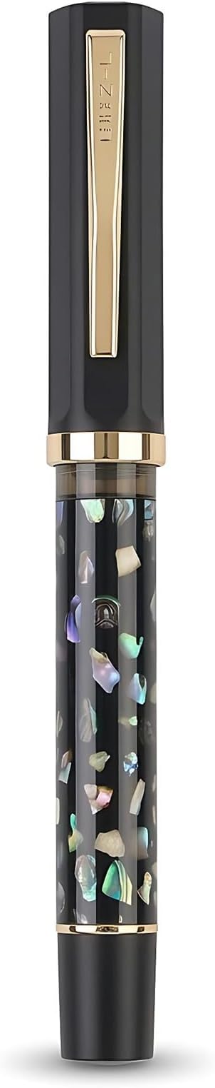 Jinhao 58 Fountain Pen - Natural Sea Shell Inlay Extra Fine Nib Writing Pen with 3.4mm Ink Converter & Silver Metal Gift Box,Matte Black