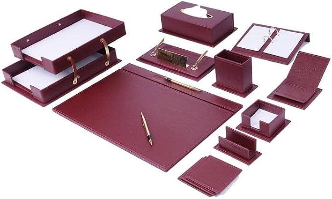 MOOGCO Leather Desk Organizer - 14 PCS Burgundy Home Office Accessories