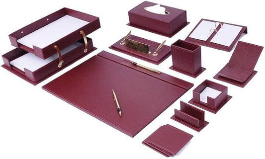 MOOGCO Leather Desk Organizer - 14 PCS Burgundy Home Office Accessories