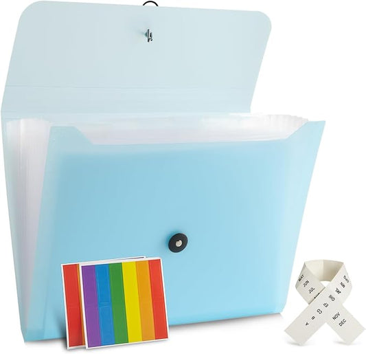 Expanding File Folder File Organizer 13 Pocketsr Accordion Filing Folder for Documents Aesthetic Paper Organizer Folder for Work, School, Home, Office (Transparancy Blue)