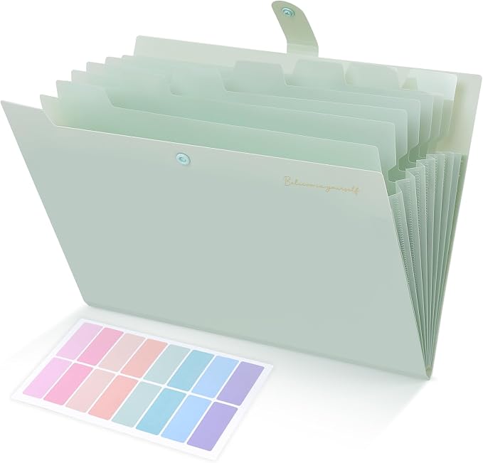 SKYDUE Expanding File Folder, Accordion File Organizer with 8 Pocket, Expandable Document Paper Receipt Holder for School Office Hospital, Letter/A4 Size Light Green