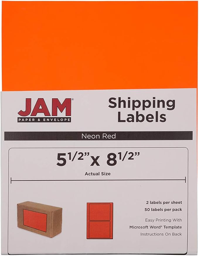 JAM PAPER Shipping Labels - Half Page - 5 1/2 x 8 1/2 - Neon Deep Red/Orange - 50/Pack