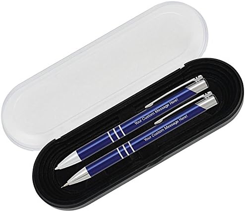 10 Personalized Engraved Classic Metal Ballpoint Pen & Mechanical Pencil Gift Set. Includes Case - Sapphire Blue Color with Silver Accents. Black Ink.