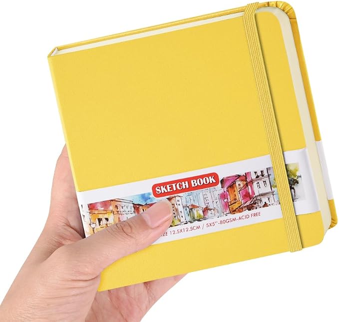 5x5" Pocket Sketch Book,80gsm Hardcover Art Sketchbook for Drawing Journal | PU Cover,Blank Paper,96Sheets/192Pages,Lay-Flat,Portable Travel Creation Paint Diary Memo Planner,Dry Media.Yellow