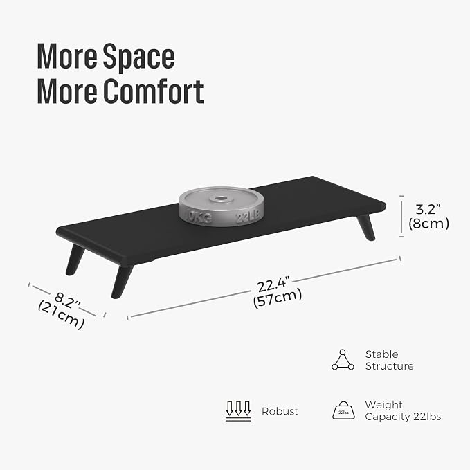loukin Monitor Stand Riser for Desk, 22.4" × 8.2" Computer Stand, Black | Supports 22 lb, No Installation Required, Water-Resistant Surface, Fits Laptops and Printers, Ergonomic Design