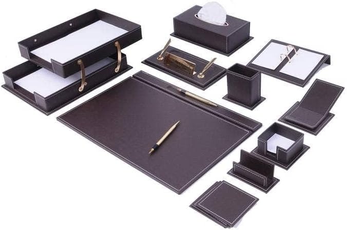 Leather Desk Organizer - 14 PCS Bonded Leather Desk Set - Home & Office Accessories - Brown