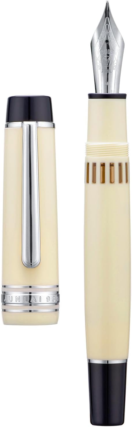 Wikult Yongsheng Junlai 930 Acrylic Fountain Pen, Size 9 Broad Nib with Piston Filling System, Ivory White Fence Ink Tank with Flat Top Design Smooth Writing Pen (Silver Trim)