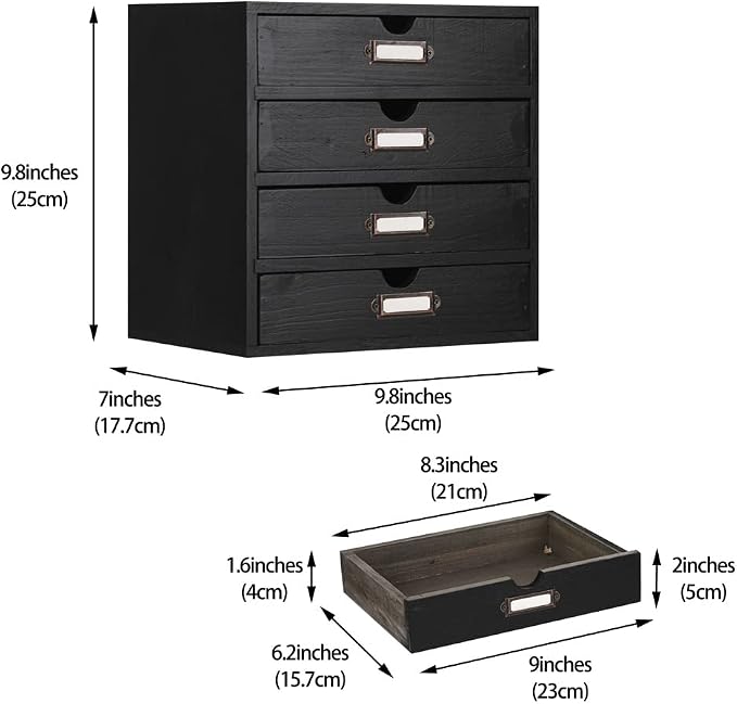 Small Wooden Drawers Wooden Box with Drawer Black | 4 Drawer Storage Box for Apothecary Cabinet, Apothecary Drawers，Desktop Organizer with Metal Handles for Office，Home