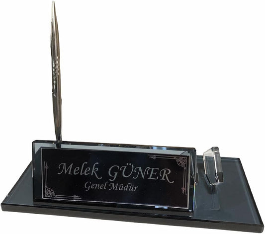 MOOGCO Modern Black Glass Desk Name Plate with Pen Holder, Clock, Cardholder - Desk Organizer