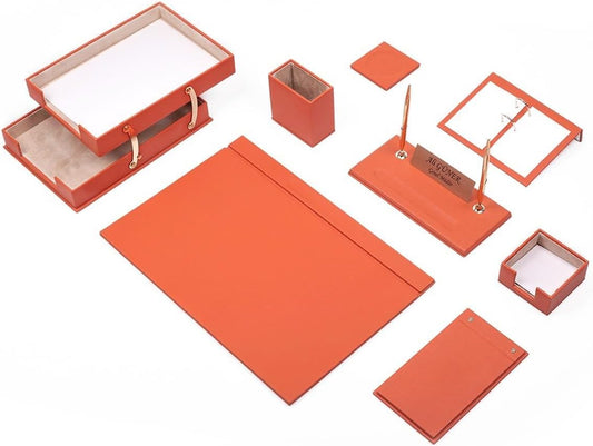 Luna Luxury Leather Desk Set for Men – 10 Piece Executive Office Desk Organizer Set with Document Tray, Desk Pad, Pen Holder, A5 Agenda with Fountain Pen Set – Multiple Color Options (Orange)