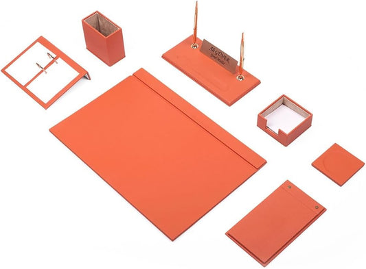 Luna Luxury Leather Desk Set – 9 Piece Executive Desk Organizer with Desk Pad, Fountain Pen Set, Pen Holder & A5 Note Case – Professional Office Desk Accessories – Multiple Colors (Orange)