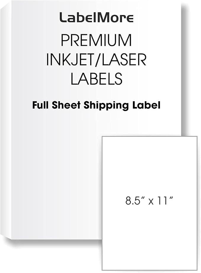 LabelMore 8.5 x 11 Full Sheet Sticker Label for Laser & Inkjet Printers, 10000 mailing Shipping Labels, White