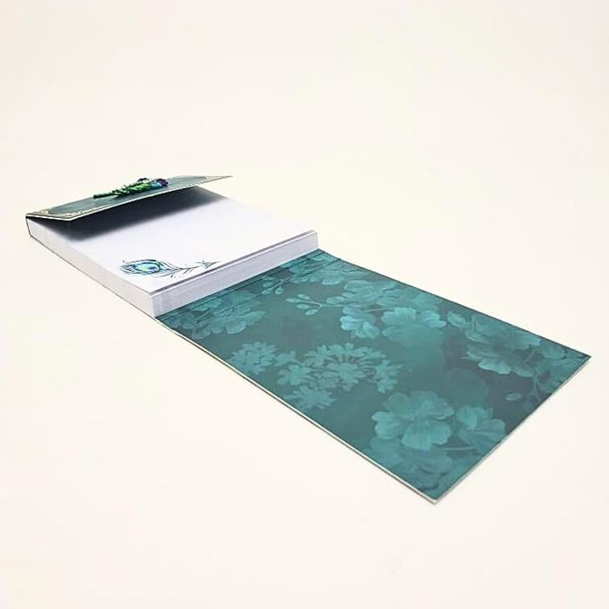 Punch Studio Flip-Top Notepad For Daily Notes or Notes on-the-go, with Magnetic Closure, Brooch Embellishment, Gold-Foil Accents & 75 Illustrated Sheets, 5" x 3.75" - Emerald Peacock (46625)