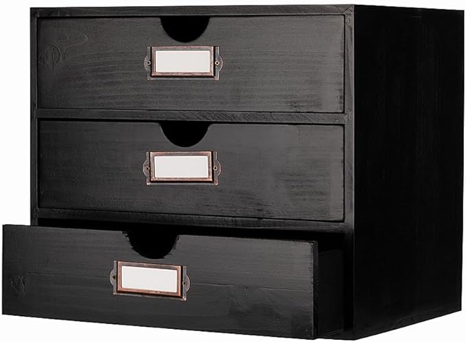 Large Wooden Drawers Wooden Box with Drawer Black | 3 Drawer Storage Box for Apothecary Cabinet, Apothecary Drawers，Desktop Organizer with Metal Handles for Office，Home