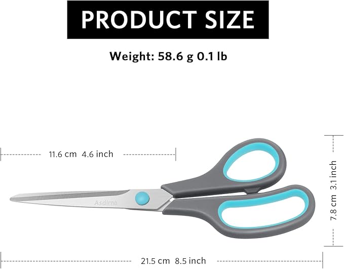 Asdirne 8.5" Scissors, Stainless Steel Blades, Soft Grip Handle, Suitable for Households,Offices and Schools, All Purpose, Blue/Grey