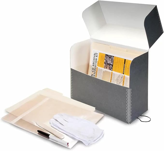 Lineco, Archival Document Case Kit, 12.5 x 10.5 x 5 Inch, Gray | Preserve Papers, Documents, Photos, Includes Gloves, Bone Folder, pH Testing Pen, 10 Photo Bags, 12 Acid-Free File Folders