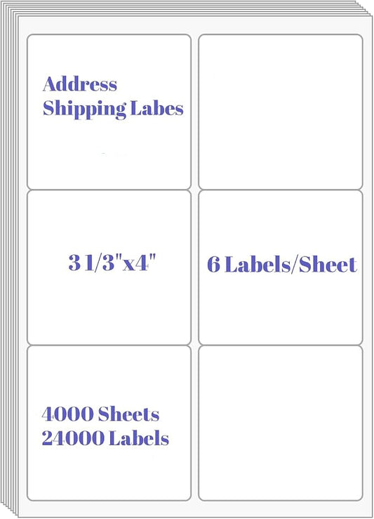 6 UP Labels, 4" x 3-1/3" Shipping Address Labels for Laser Inkjet Printer, Self Adhesive, Blank Mailing Sticker Paper (4000 Sheet=24000 up)