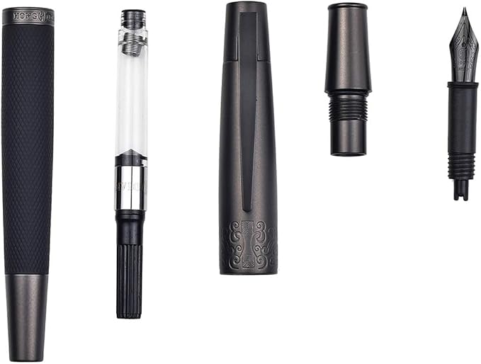 Pure Black Fountain Pen, PVD Coated Black Bent Nib Solid Metal Fude Pen, Metal Box Set by Hongdian